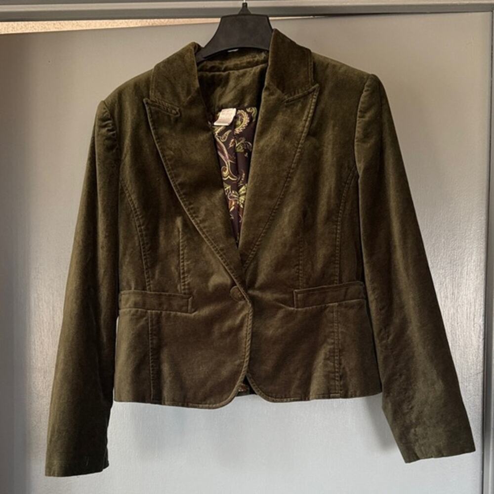 Women's Green  Velvet Blazer Jacket One Button Lined Long Sleeves sz 14 Pockets